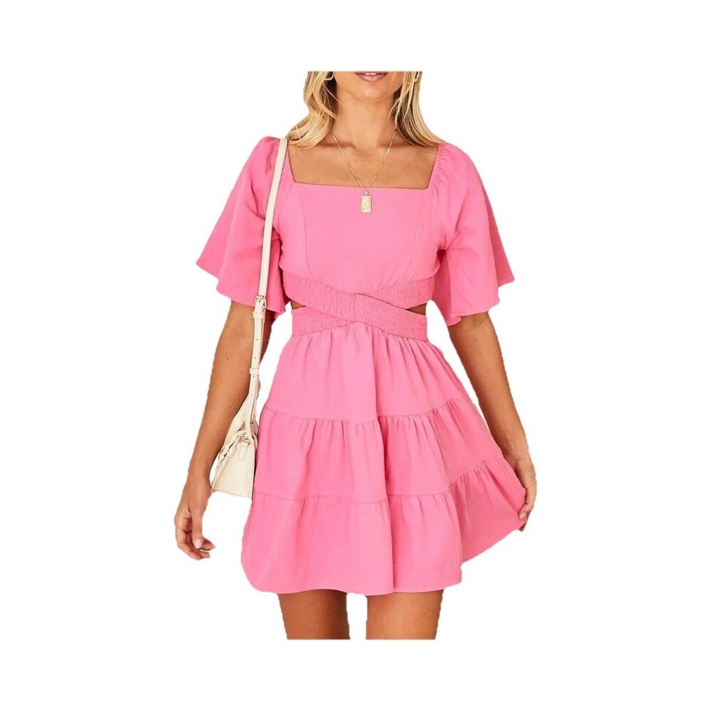Shy Velvet Pink Cutout Mini Dress XL Puff Sleeve Cottagecore Boho Cotton